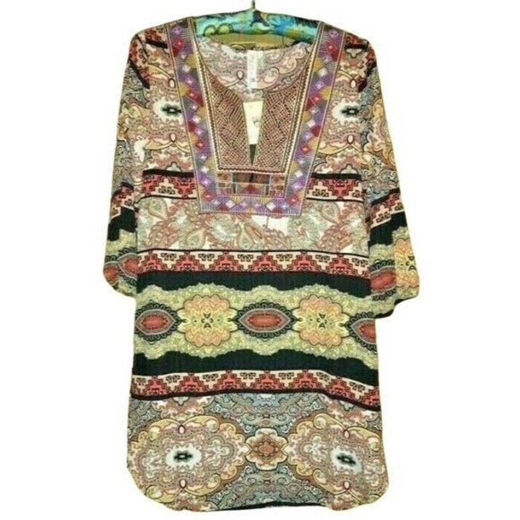 Pink Owl Tops - BOHO Hippie TUnic Top Aztec Geometric Festival Colorful 3/4 Sleeve Small NEW